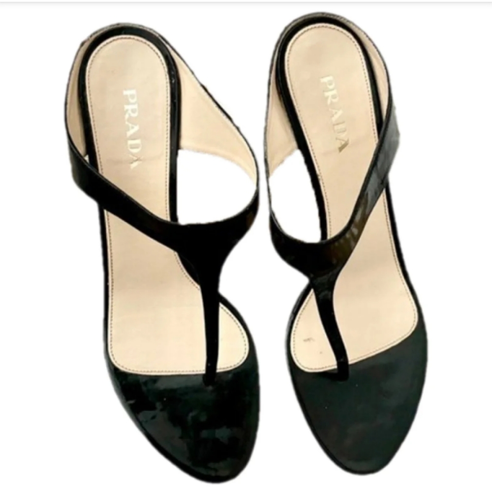 Prada Black Patent Leather Heeled Slides | Size 8.5 | Chic Y2K Designer Mules